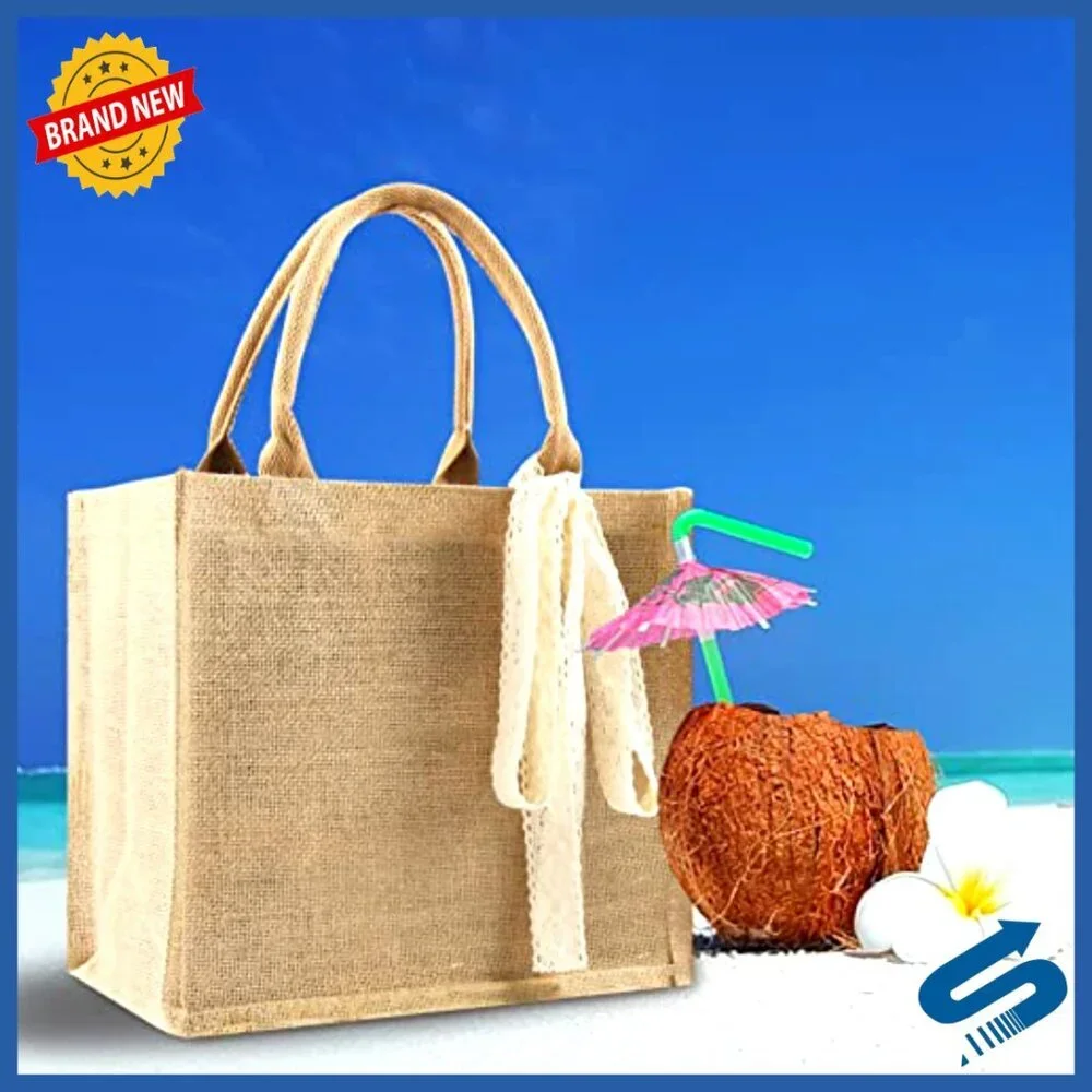 Reusable Jute Tote Bags Bulk Set with Lace Ribbon Waterproof Beach Shopping